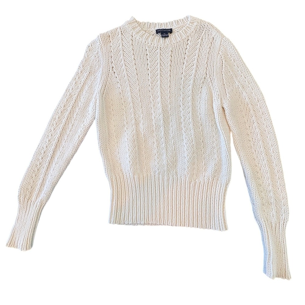 Ann Taylor Womens XL Cream Chunky Cable Knit Sweater Cotton Blend Crewneck Ivory